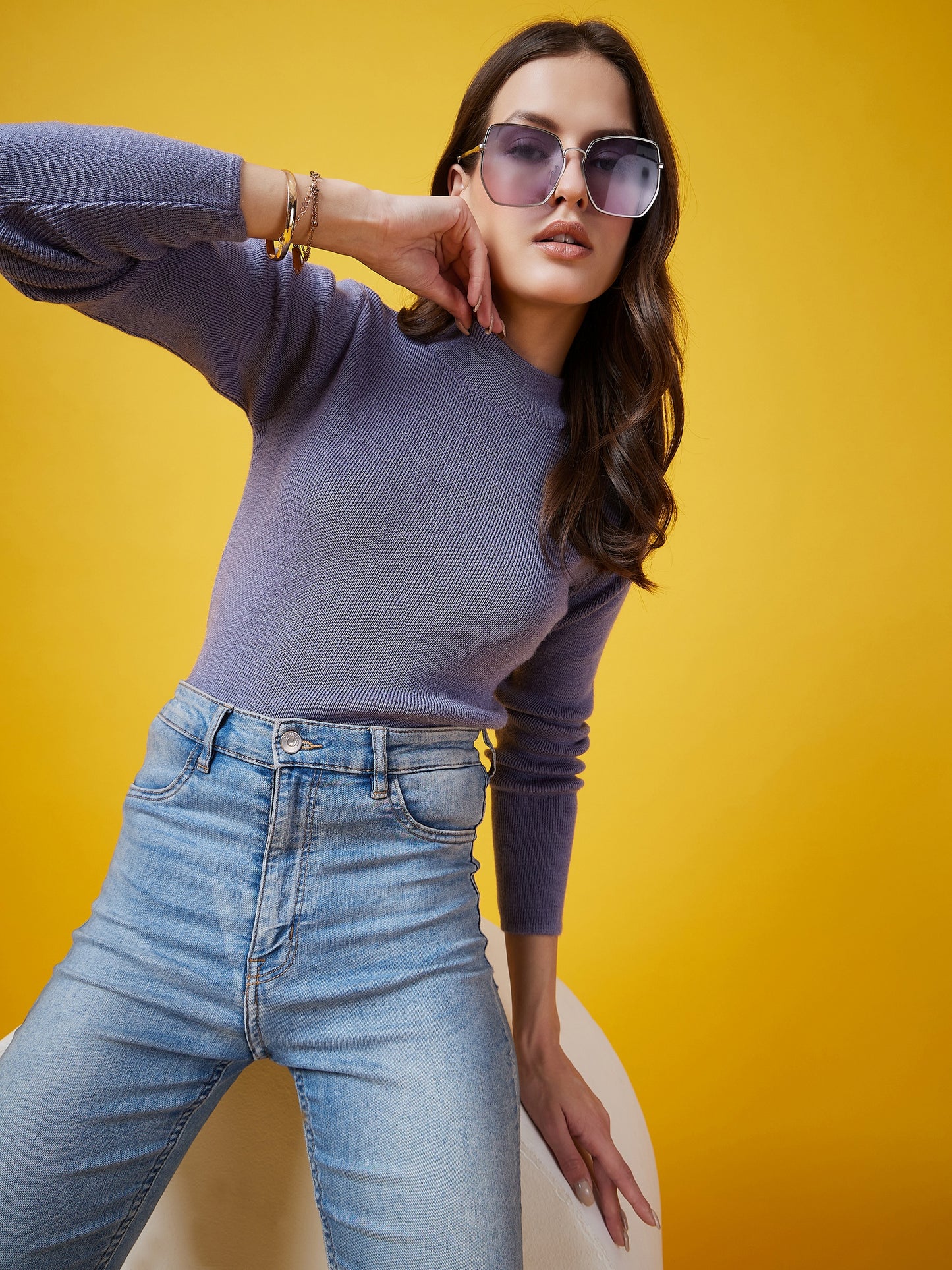 Wool Blend Crew Neck Full Sleeve Sky Top