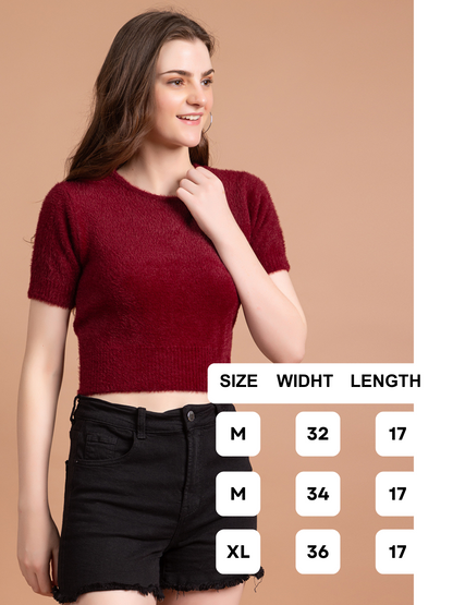 Clapton  Short-Sleeve Fuzzy Knit Crop Top Pullover Blouse Top for Women Girls Maroon
