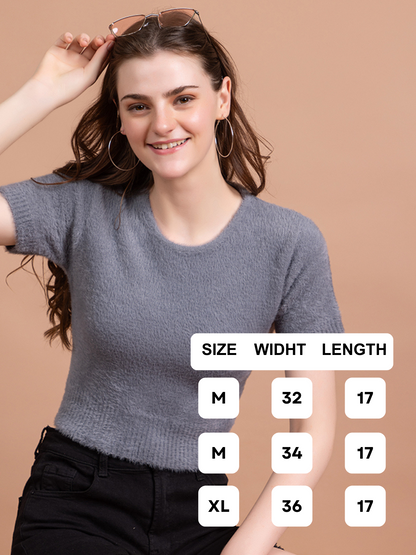 Clapton  Short-Sleeve Fuzzy Knit Crop Top Pullover Blouse Top for Women Girls Grey