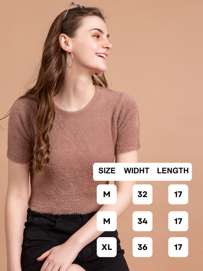 Clapton  Short-Sleeve Fuzzy Knit Crop Top Pullover Blouse Top for Women Girls Pink