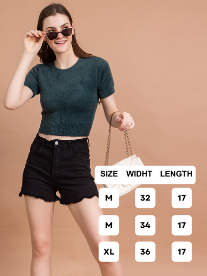 Clapton  Short-Sleeve Fuzzy Knit Crop Top Pullover Blouse Top for Women Girls Green