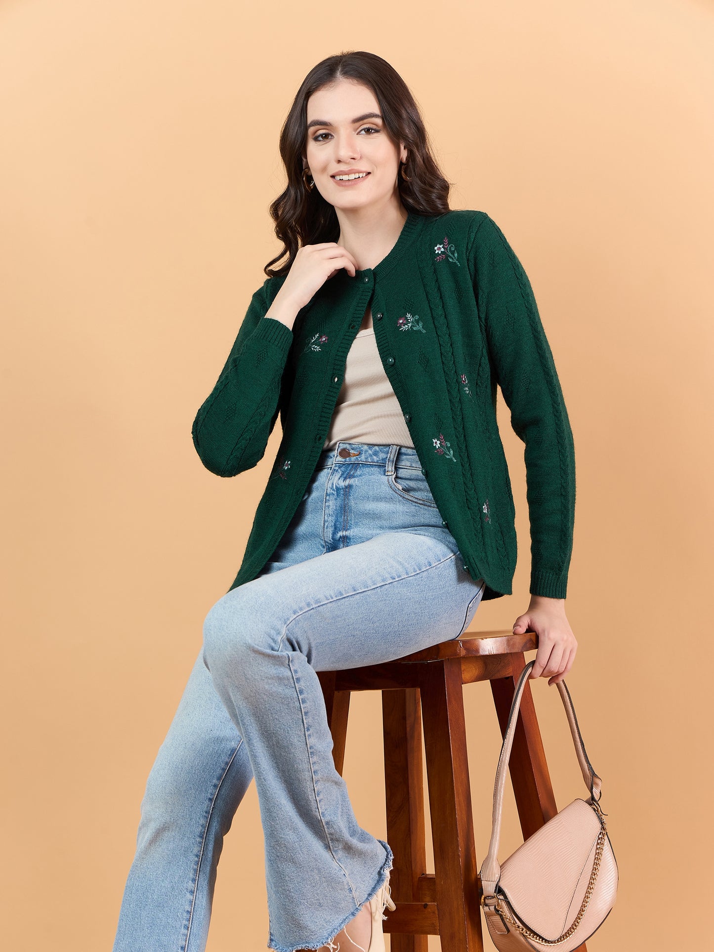 Clapton Floral Embroidered Full  Sleeve Cardigan Sweaters for Women Girls Green