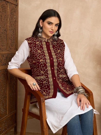 CLAPTON EMBROIDERY SLEEVELESS MEHROON BLAZER FOR WOMEN