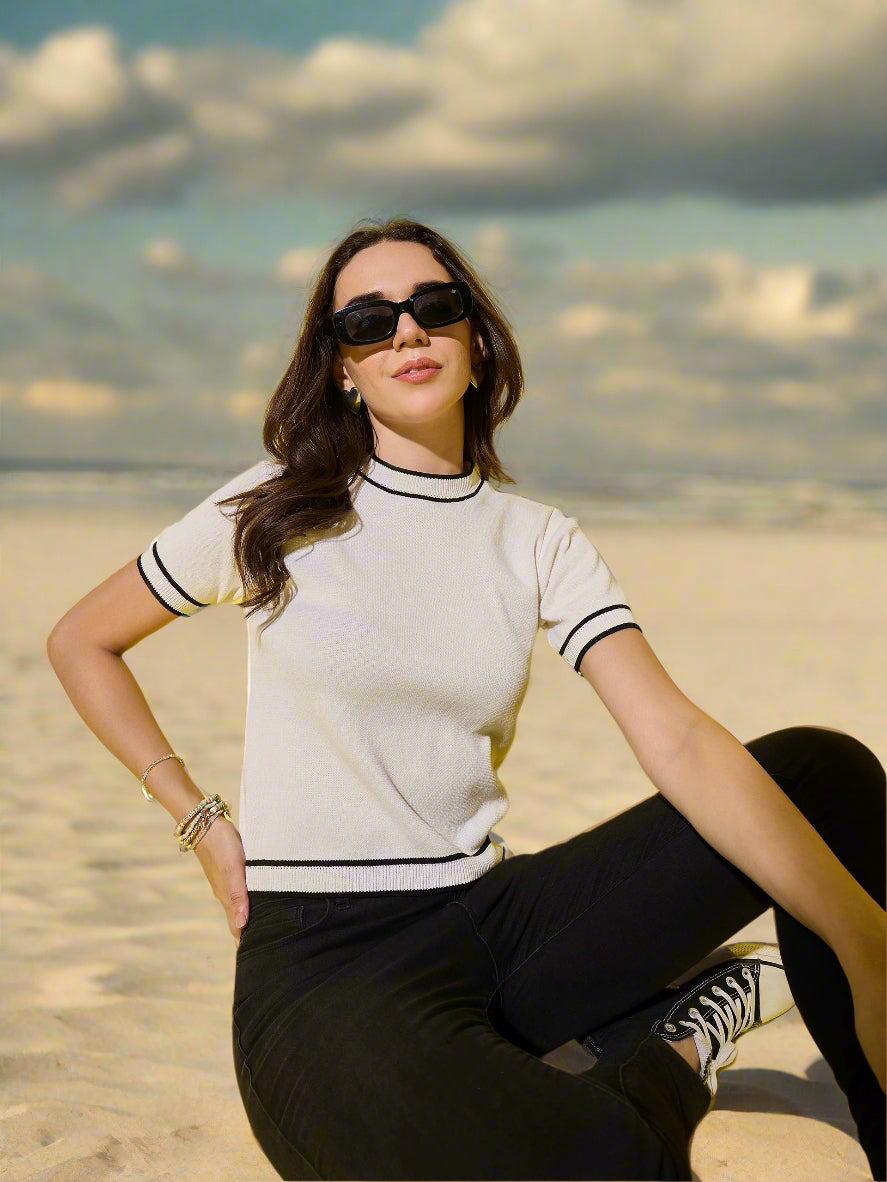 Women Striped Round Neck Pure Cotton T-Shirt White-Black