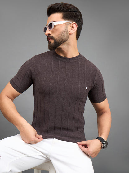 CLAPTON Men Knitted Round Neck T-shirt  Brown