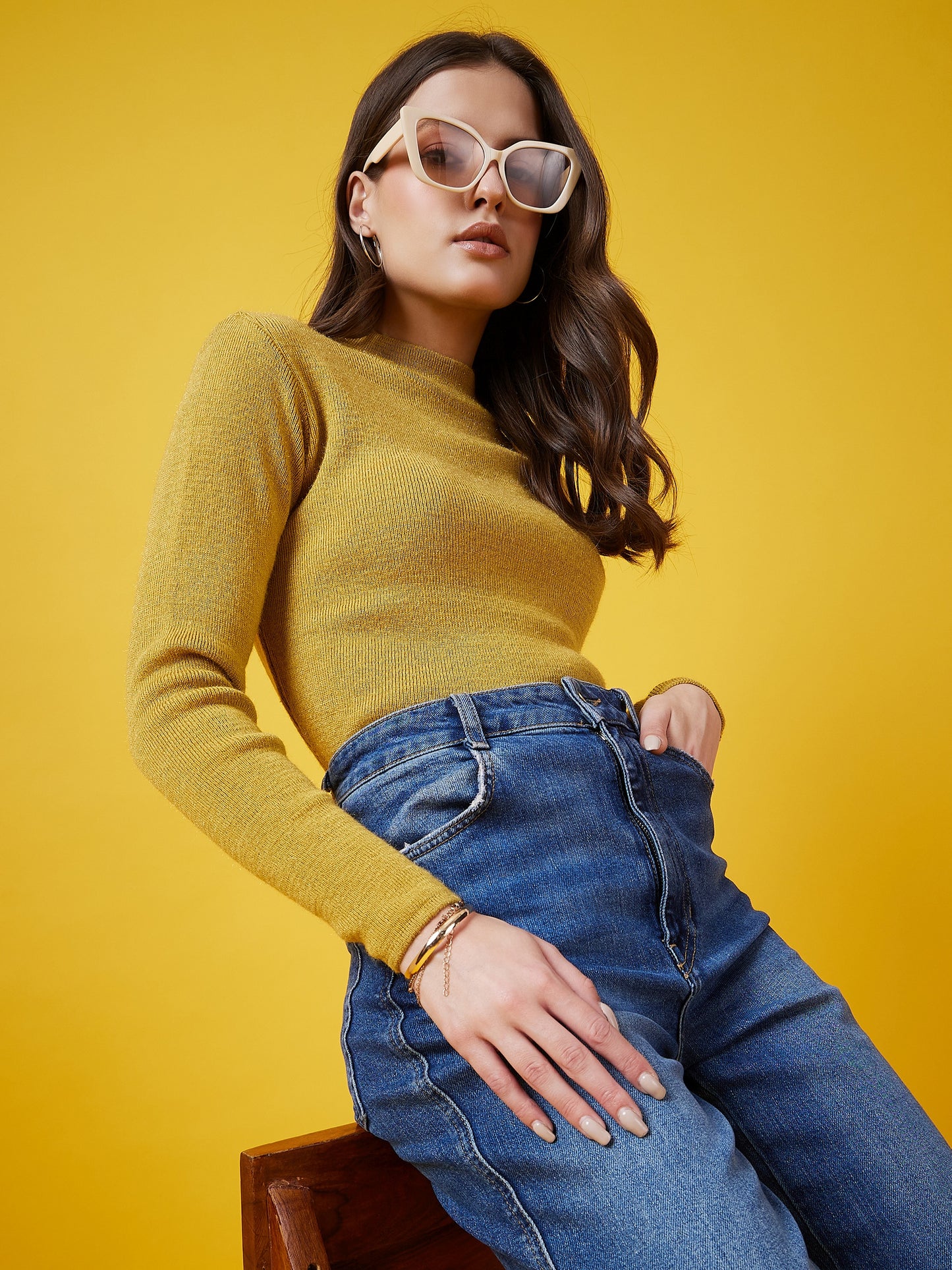 Wool Blend Crew Neck Full Sleeve Gold Top