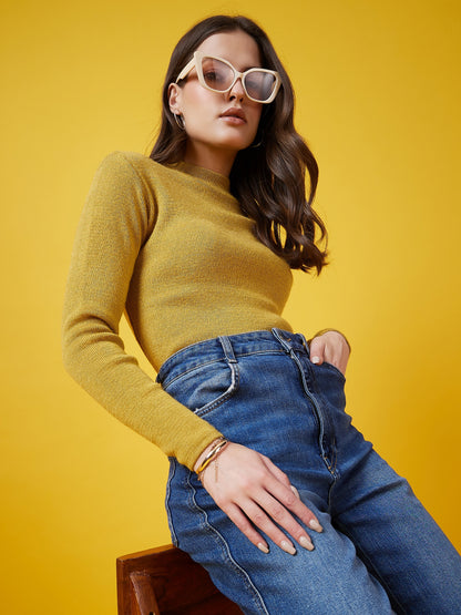 Wool Blend Crew Neck Full Sleeve Gold Top