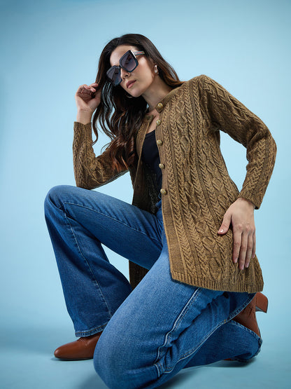 Clapton Cable Knit  Design Woolen  Longline Cardigan Sweater for women and Girls Brown