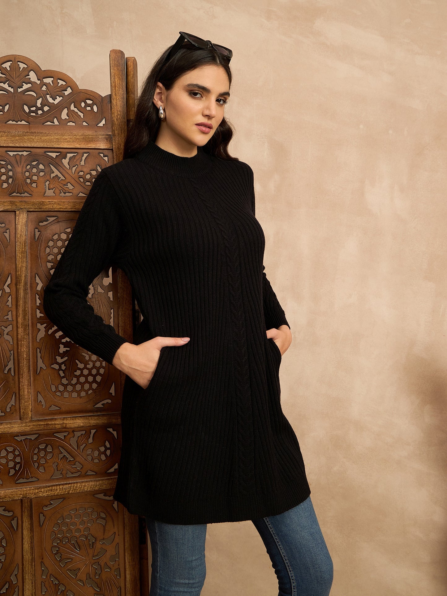CLAPTON Women’s Wool Blend Ribbed Knit Tunic Sweater with Mock Neck & Full Sleeves Black