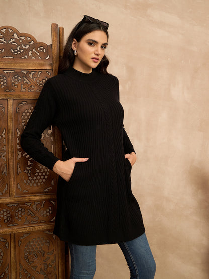 CLAPTON Women’s Wool Blend Ribbed Knit Tunic Sweater with Mock Neck & Full Sleeves Black