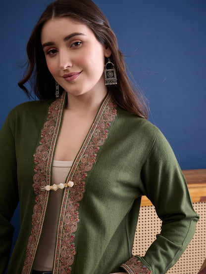 clapton MEHNDI Pure Wool Long Jacket from Kashmir with Paisley Aari Embroidery on Border (Copy)