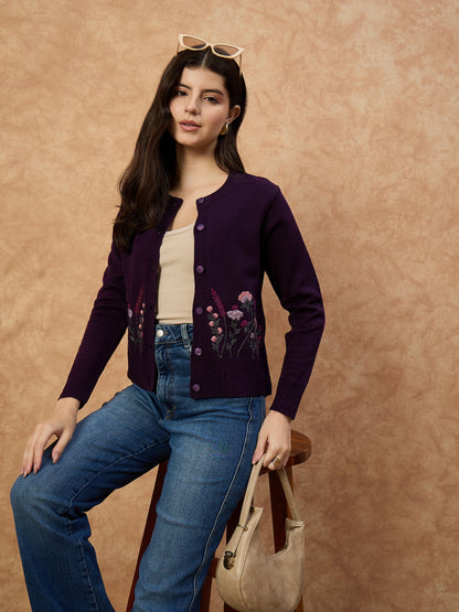 Clapton Women’s Purple Knitted Floral Embroidered Cardigan 6110