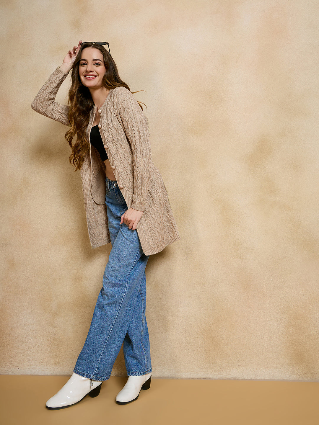 Clapton Cable Knit  Design Woolen  Longline Cardigan Sweater for women and Girls BEIGE