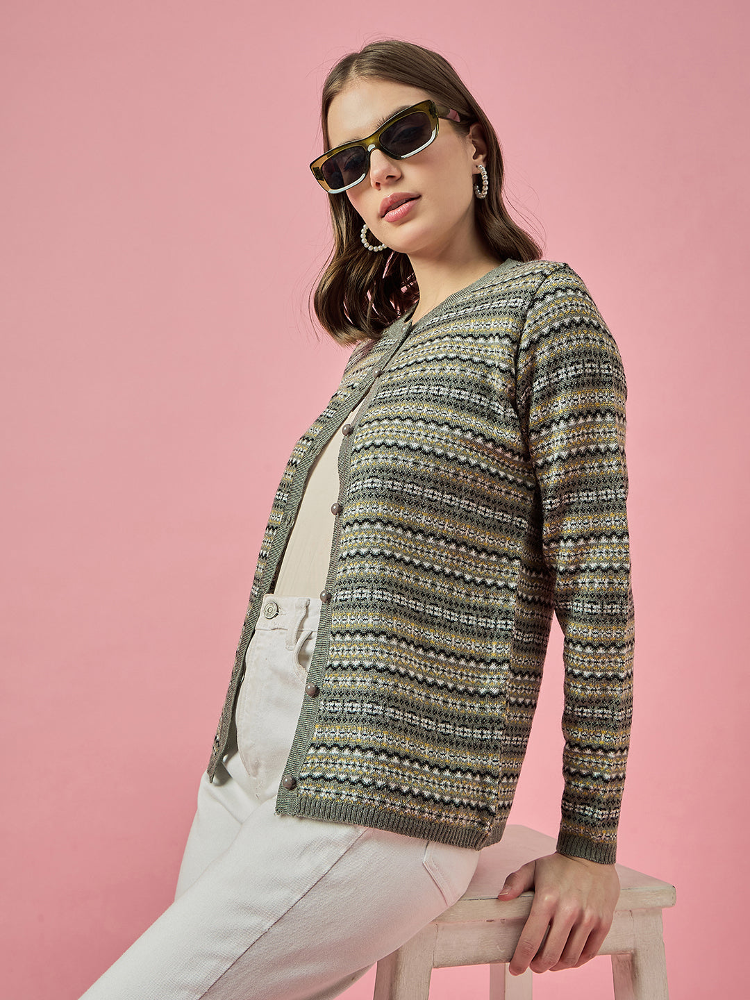 Women Grey Self Striped Round Neck Cardigan