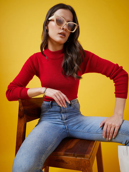 Wool Blend Crew Neck Full Sleeve Red Top
