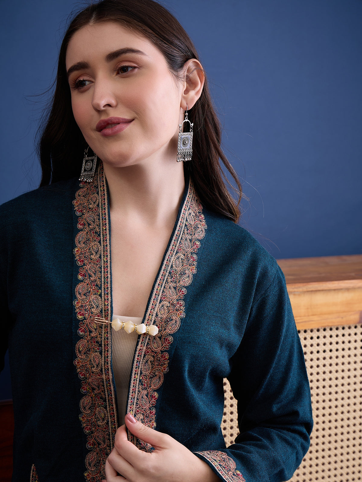 clapton Harbor-Blue Plain Pure Wool Long Jacket from Kashmir with Paisley Aari Embroidery on Border