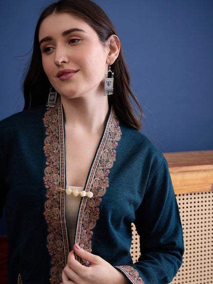 clapton Harbor-Blue Plain Pure Wool Long Jacket from Kashmir with Paisley Aari Embroidery on Border