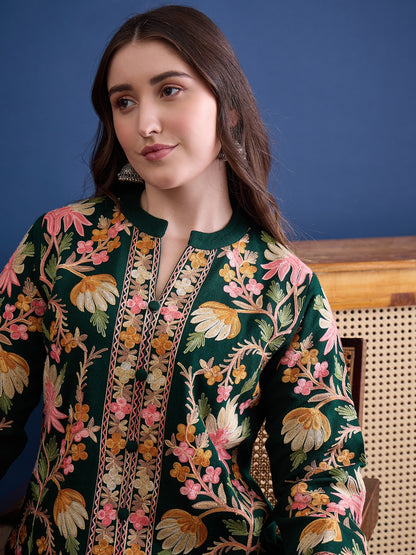 Women’S Embroidered Woolen Kurta With Straight-Fit Pants Co-Set Green