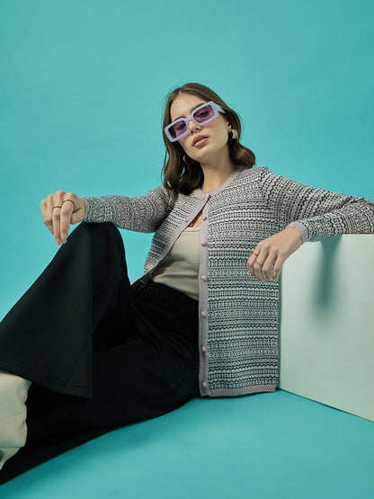 Women Pink Self Striped Round Neck Cardigan