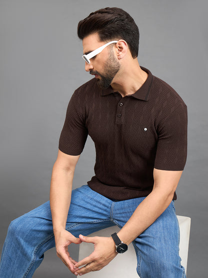 CLAPTON Men Knitted Polo Collar T-shirt  Brown