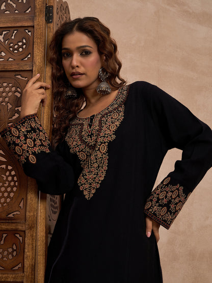 Woolen Embroidered 2-piece winter wear Kurti & Pant Set Black