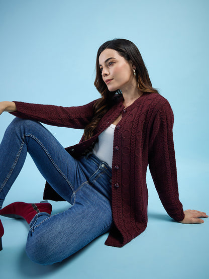 Clapton Cable Knit  Design Woolen  Longline Cardigan Sweater for women and Girls Maroon