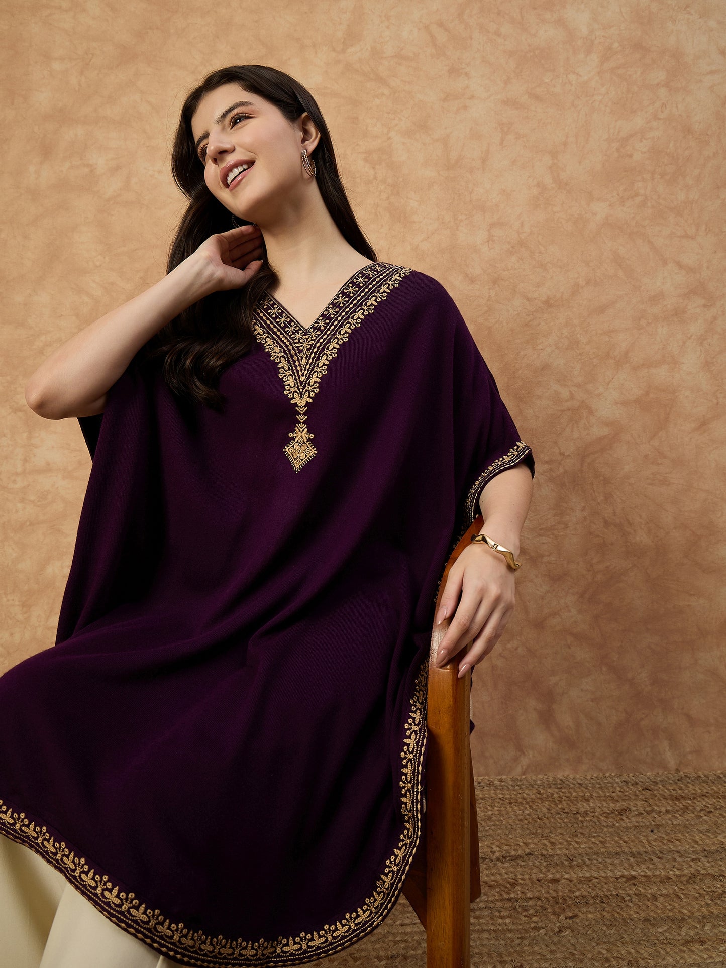 Clapton Women’s Wool Kaftan Kurti –  Purple, Golden Embroidery -6201