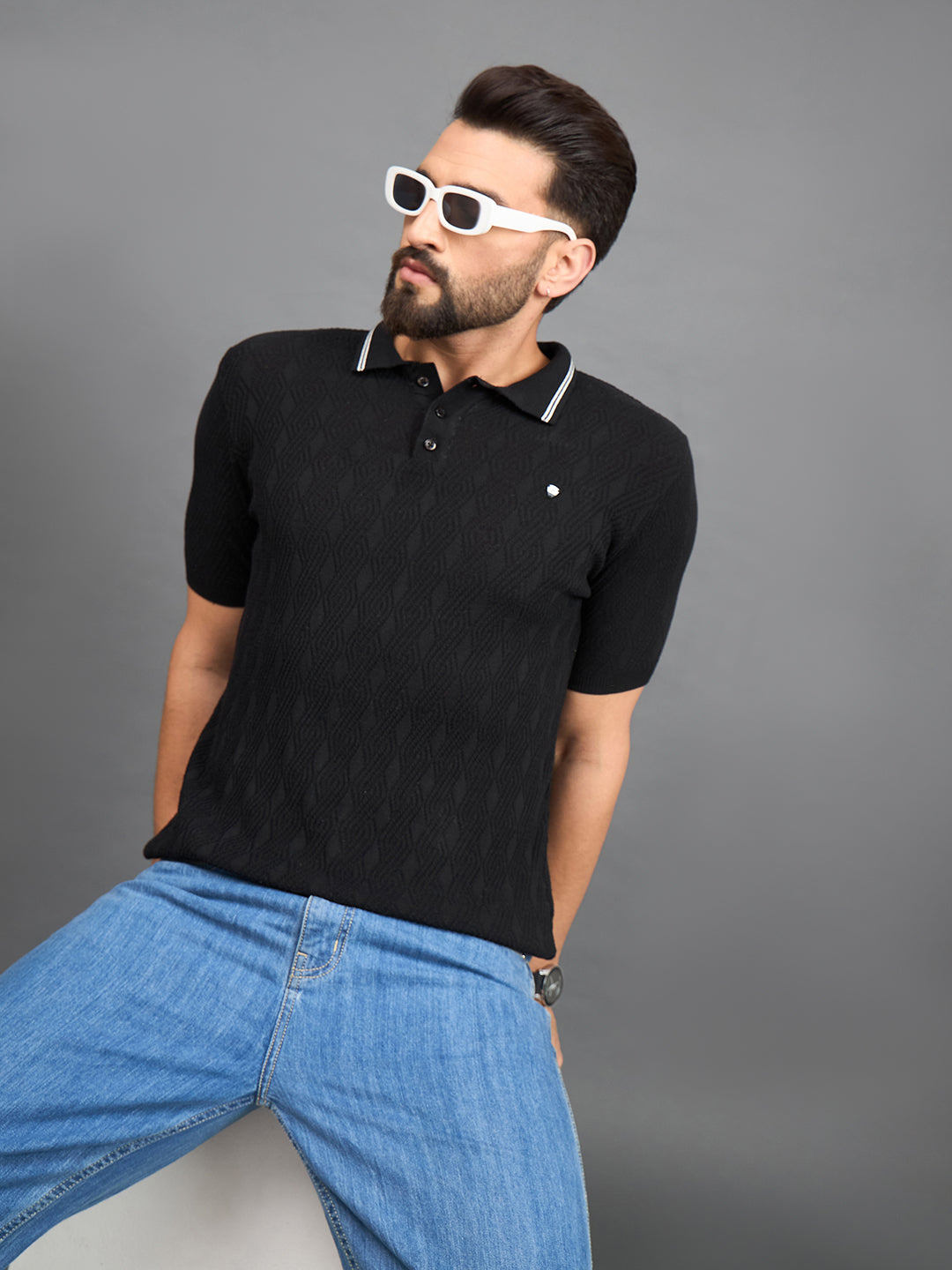 CLAPTON Men Knitted Polo Collar T-shirt Black