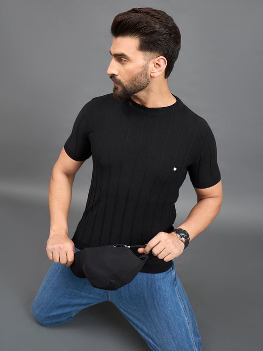 CLAPTON Men Knitted Round Neck T-shirt  Black