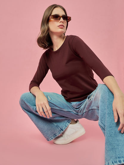 Clapton Crew Neck Tees Candy Cotton Lycra For Women Soild Mehroon Summer wear