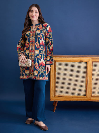 Women’S Embroidered Woolen Kurta With Straight-Fit Pants Co-Set Peacock