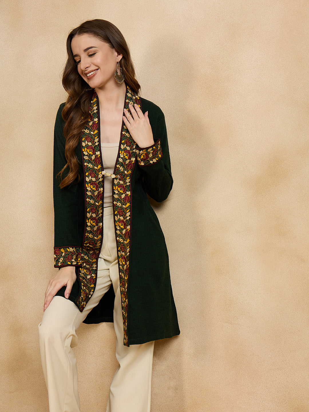 Women's Green Embroidered Sleeves, Floral Pattern, Winter Wear, Open Neck Shrug