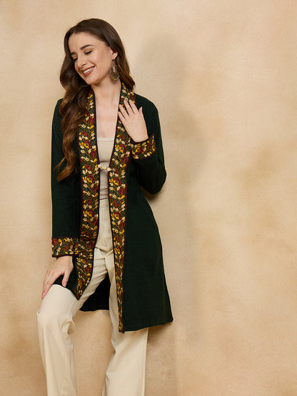 Women's Green Embroidered Sleeves, Floral Pattern, Winter Wear, Open Neck Shrug