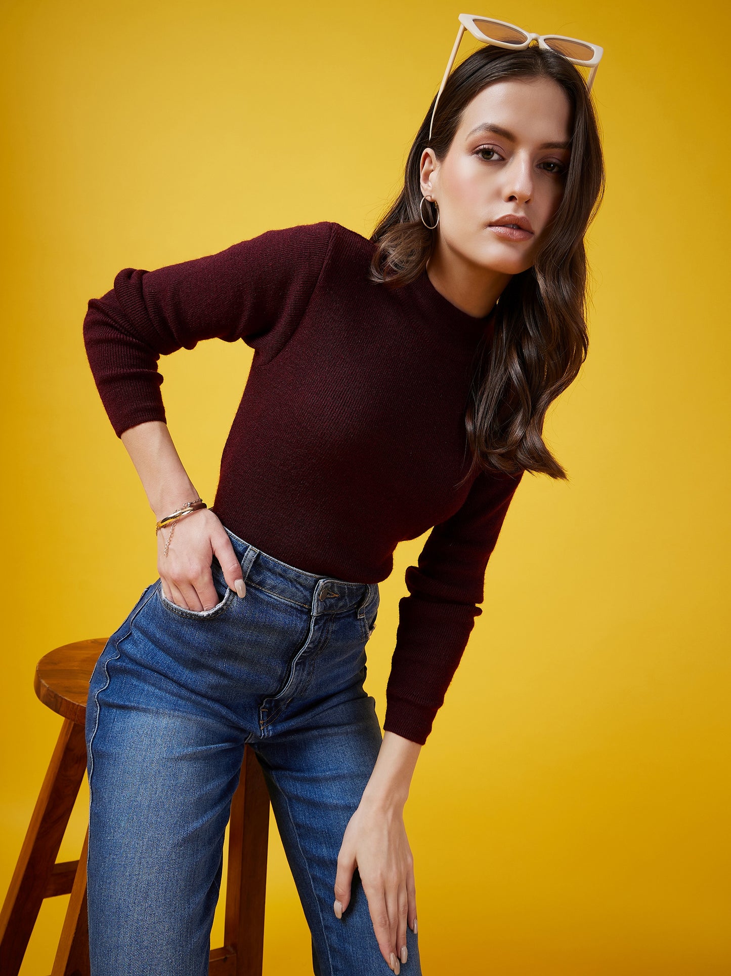 Wool Blend Crew Neck Full Sleeve Mehroon Top