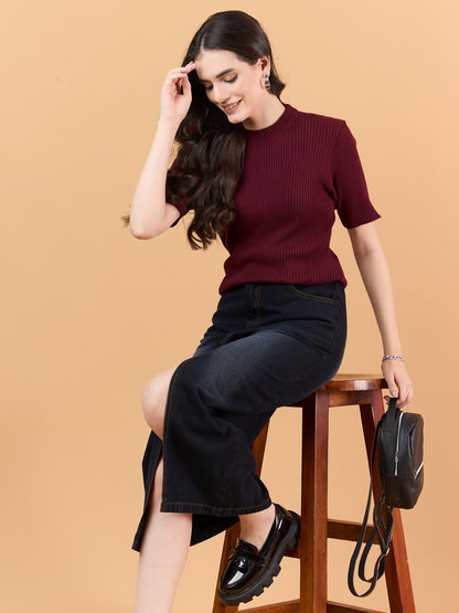 CLAPTON Women Knitted Round Neck T-shirt Combo Of 2 BLACK Maroon