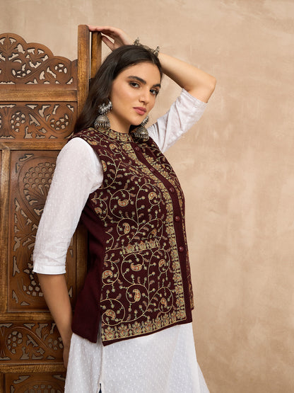 CLAPTON EMBROIDERY SLEEVELESS WINE BLAZER FOR WOMEN
