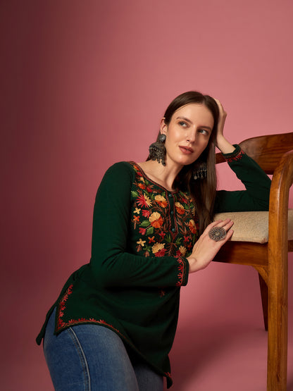 Women's  Kurti with Multicolor Floral Embroidery, Long Sleeves,winter wear Green