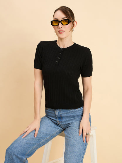 Clapton Women Knitted  Round Neck  T-shirt Black