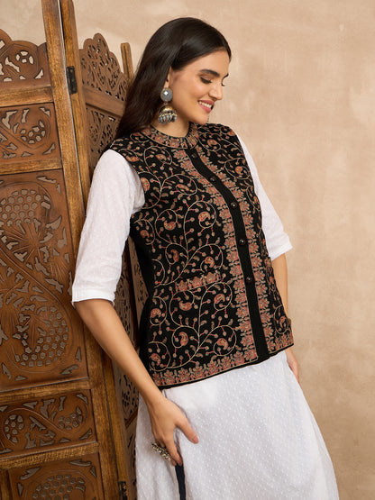 CLAPTON EMBROIDERY SLEEVELESS BLACK BLAZER FOR WOMEN