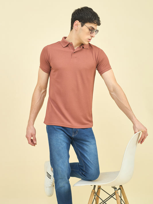 CLAPTON Men Knitted Textured Polo Collar T-shirt RUST