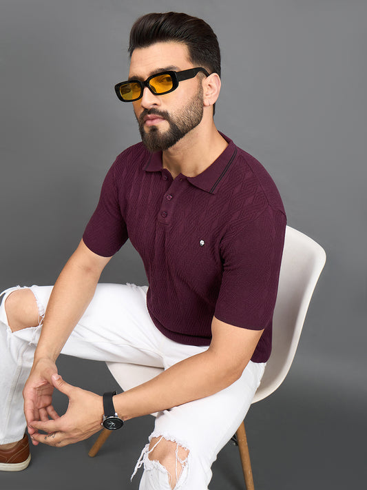 CLAPTON Men Knitted Polo Collar T-shirt  Purple