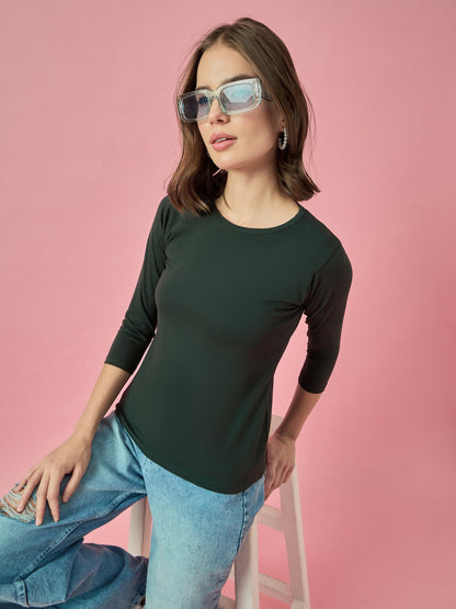 Clapton Crew Neck Tees Candy Cotton Lycra For Women Soild Green Summer wear