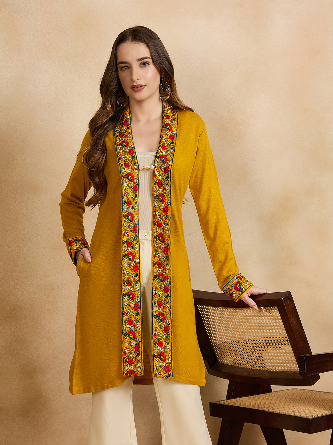 Women's Gold Mustard Embroidered Sleeves, Floral Pattern, Winter Wear, Open Neck Shrug