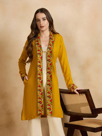 Women's Gold Mustard Embroidered Sleeves, Floral Pattern, Winter Wear, Open Neck Shrug