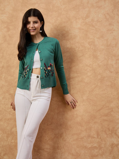 Clapton Women’s Sea Green Knitted Floral Embroidered Cardigan 6110