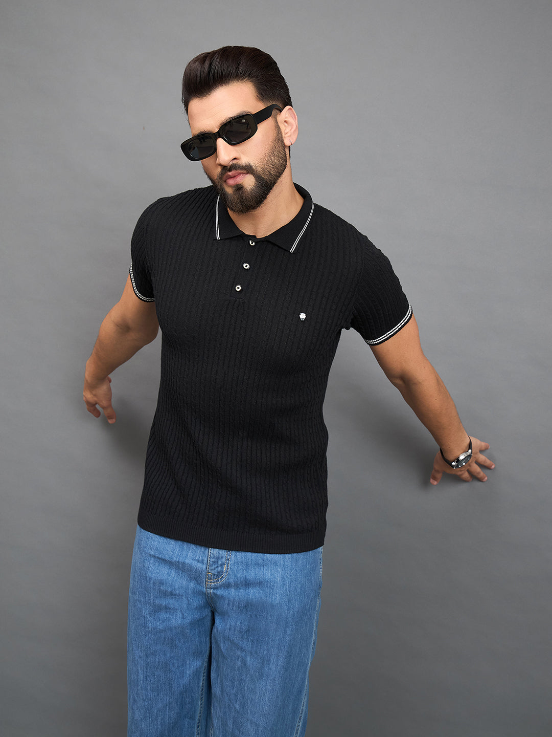 CLAPTON Men Knitted Polo Collar T-shirt  BLACK