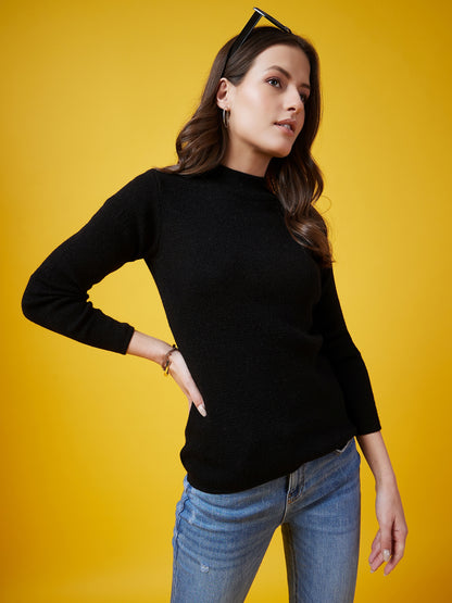 Wool Blend Crew Neck Full Sleeve Black Top