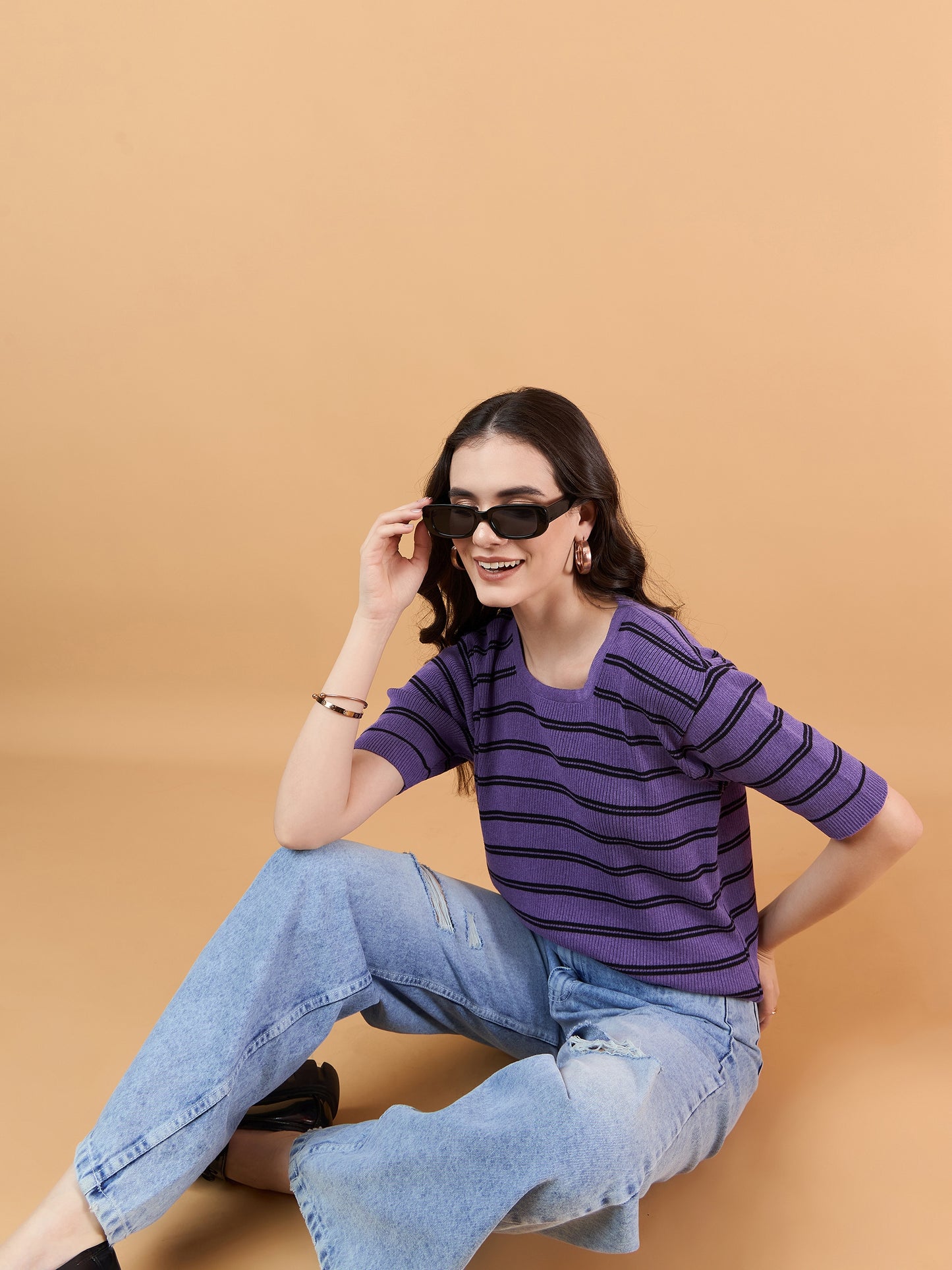 clapton Women Cotton knitted Striped Design T-shirt  Purple Mauve