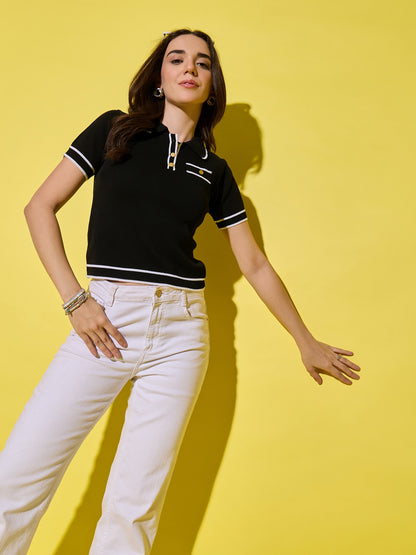 Women Striped Polo Neck With Pocket Pure Cotton T-Shirt Black