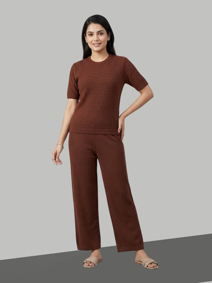 CLAPTON Women’s Solid Brown Knitted Summer Wear Co-ord Set – Textured Round Neck Top & Straight-Leg Trousers